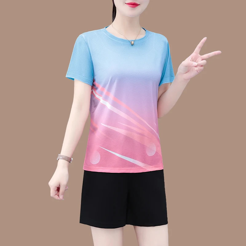

Спортивный комплект Ice Silk Qui Dry для женщин, лето 2023, новинка Thin ort Sve orts Running Fitn, комплект из двух предметов, полиэстер, спандекс