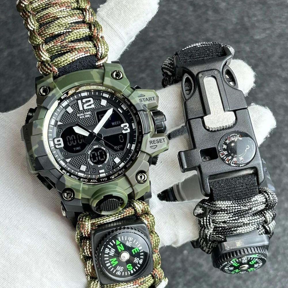 Men's Outdoor Sports Watch LED Multifunctional Digital Watch Dual Display Electronic Quartz Watch Waterproof Military