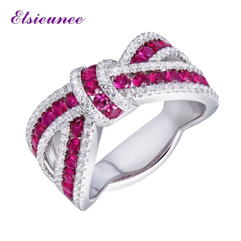 

ELSIEUNEE Vintage Solid Silver 925 Bowknot Sparkling Ruby High Carbon Diamond Ring Wedding Engagement Women's Rings Fine Jewelry