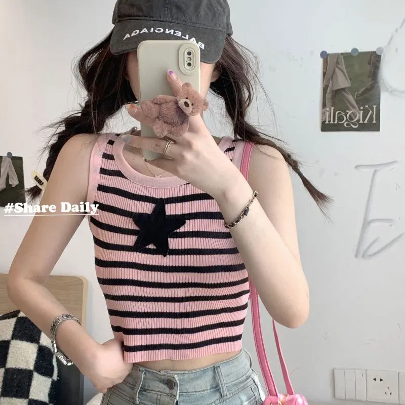 Hotsweet Striped Star Camis Slim Female Clothing Korean Sleeveless Pullovers Summer Round Neck Vintage Contrasting Colors Tanks