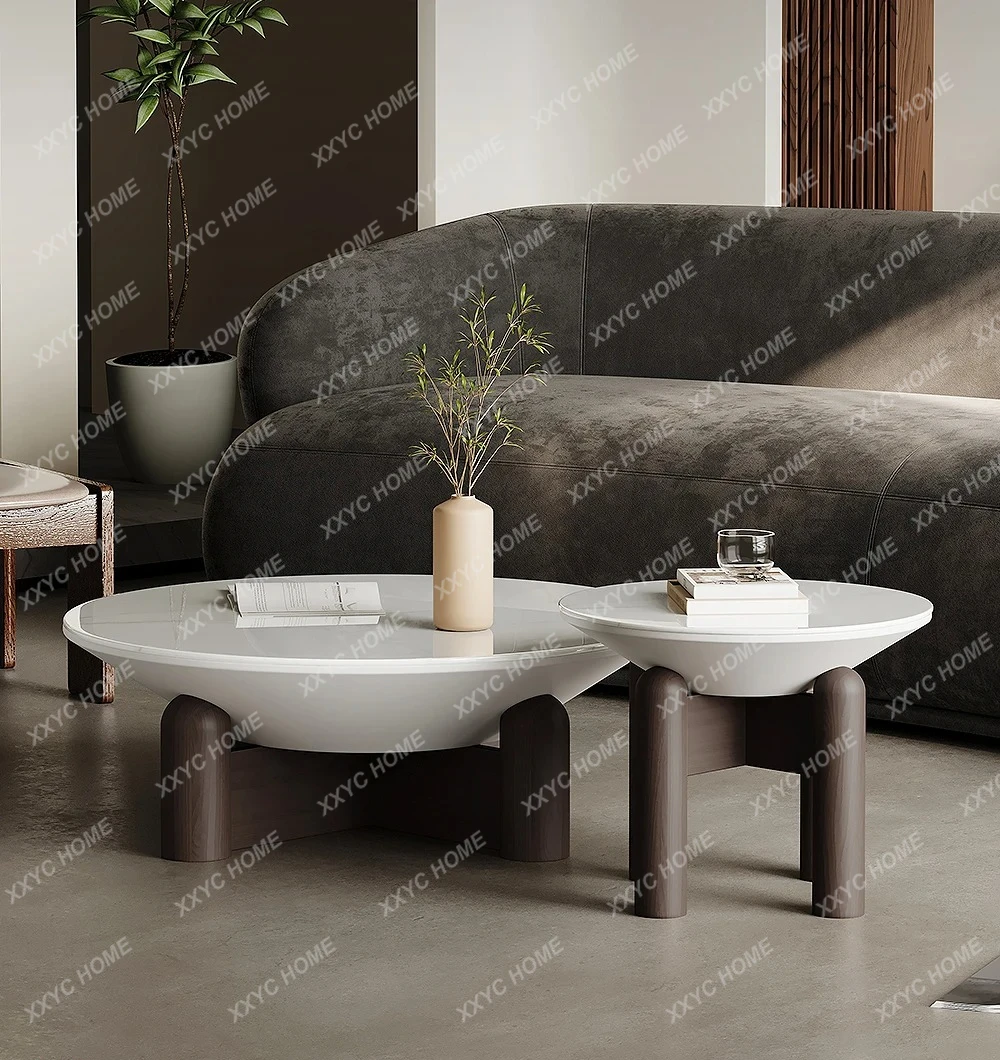 Wabi wind coffee table combination round marble solid wood ash wood living room home small apartment  high sense