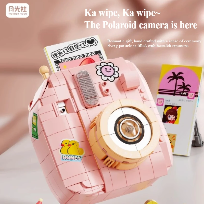 WONDER MOON Fotocamera rosa Assemblaggio di blocchi di piccole particelle Puzzle fai-da-te Modello giocattolo Decorazione del desktop Giocattoli regalo di compleanno per bambini