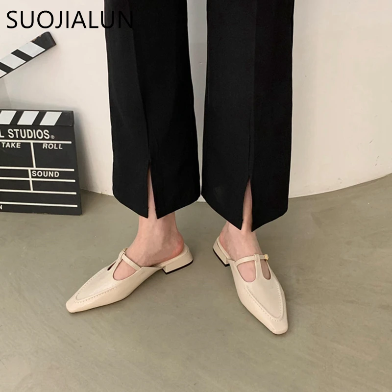 SUOJIALUN 2023 Summer New Women Slipper Fashion Slip On Ladies Elegant Mules Shoes Square Low Heel Dress Sandal Casual Slides