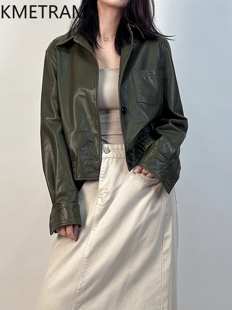 100% jaqueta de pele de carneiro natural mulher verde escuro curto jaquetas de couro genuíno feminino novo em outerwears outono roupas 2025 chaquetas