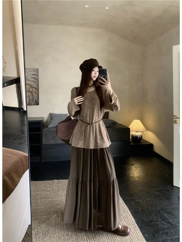 

plus Size Women's Autumn Loose Style Long Sleeve Top And High Waist Skirt Fashion Set Casual Comfortable plus MM Outfits