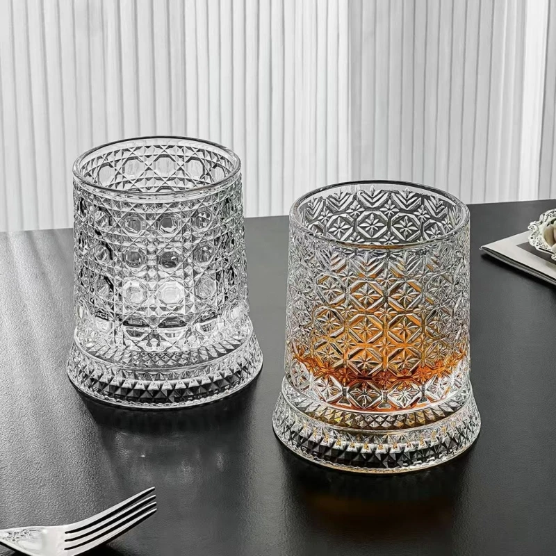 2Pcs 8.7oz Crystal Whiskey Glass 360° Rotating Diamond Cut Design Fashioned Tumbler Premium Barware for Bourbon Scotch Cocktail