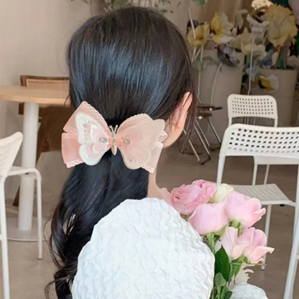 Cartoon Adorable Bow Embroidered Plastic Lace Cloth Butterfly Barrette Kids Bangs Clip Korean Style Hairpin Girl Hair Clip