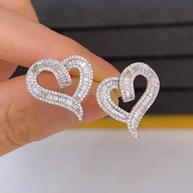 

14-каратное белое золото Queen Heart Lab серьги-гвоздики с бриллиантами, обручальные свадебные серьги для женщин, ювелирные изделия для вечеринок с драгоценными камнями
