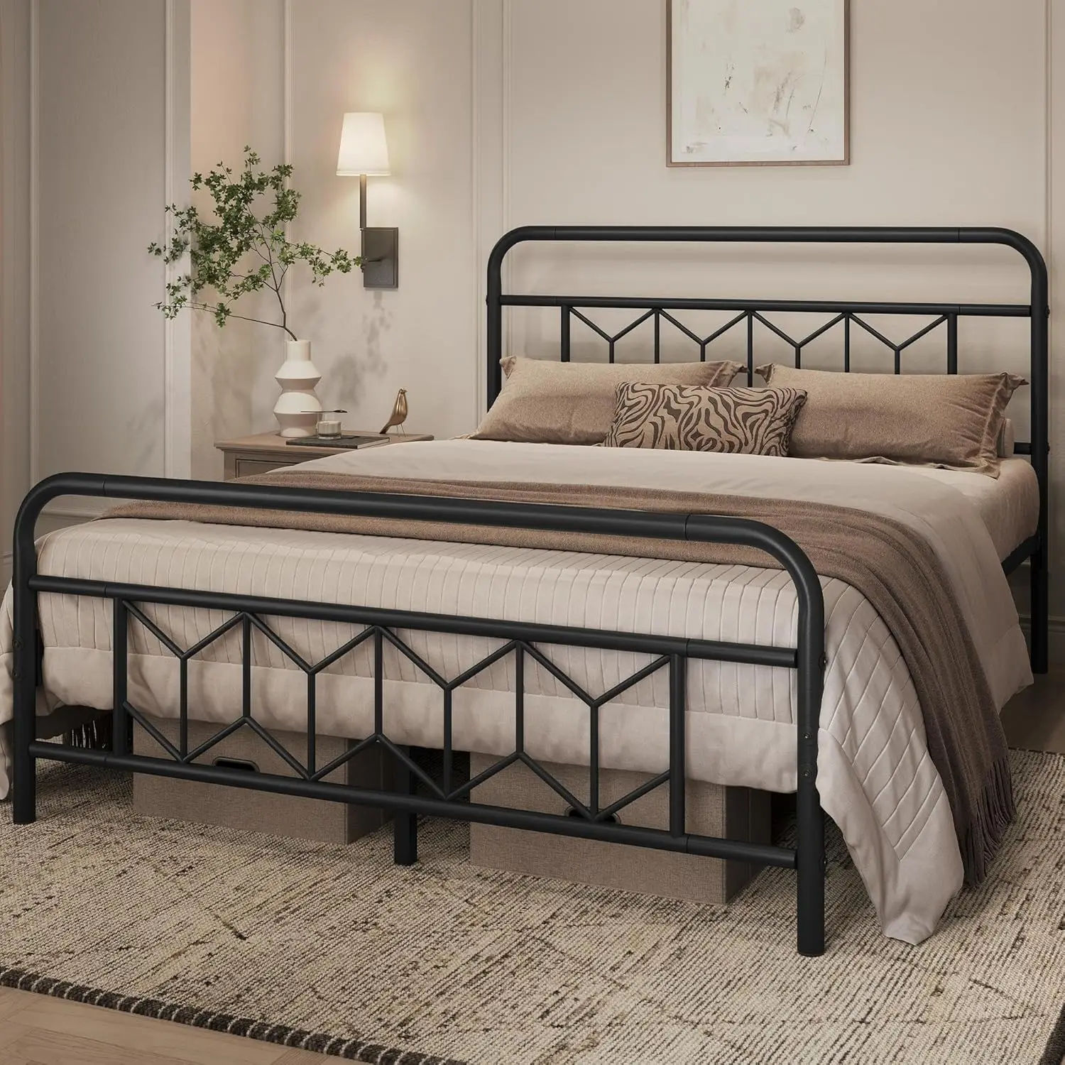 

Queen Bed Frames Metal Platform Bed with Vintage Style Headboard/Mattress Foundation/No Box Spring Needed/Under Bed Storage