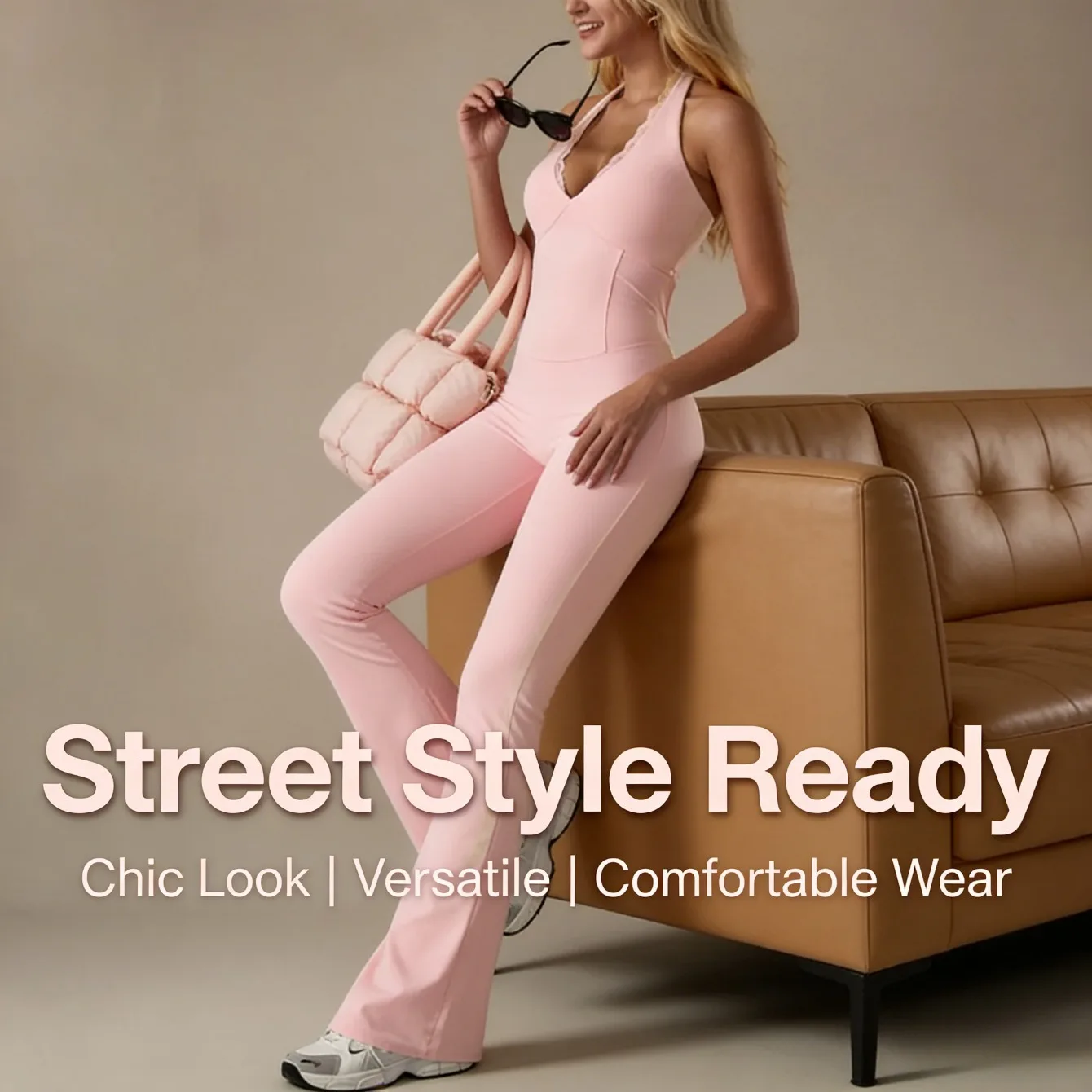 

Women's Tight Sports Jumpsuit Flare Pants European American Solid Color Halter Lace Trim Yoga Pants