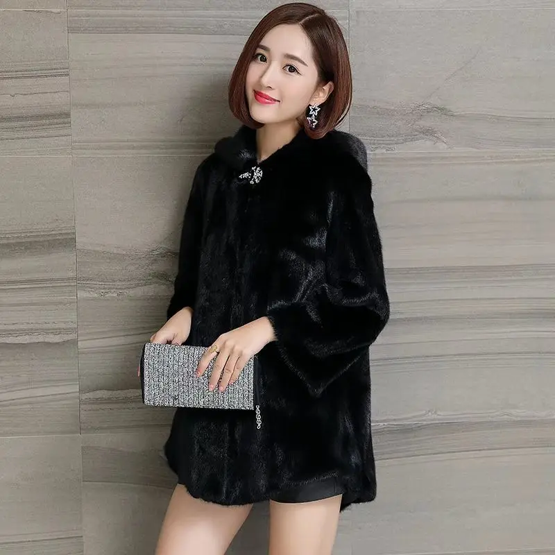 NEW Autumn Winter Women Faux Fur Coat Mid-length Hooded Imitation Mink Velvet Coat Loose Size Thicken Warm Female Fur Jacket 4XL