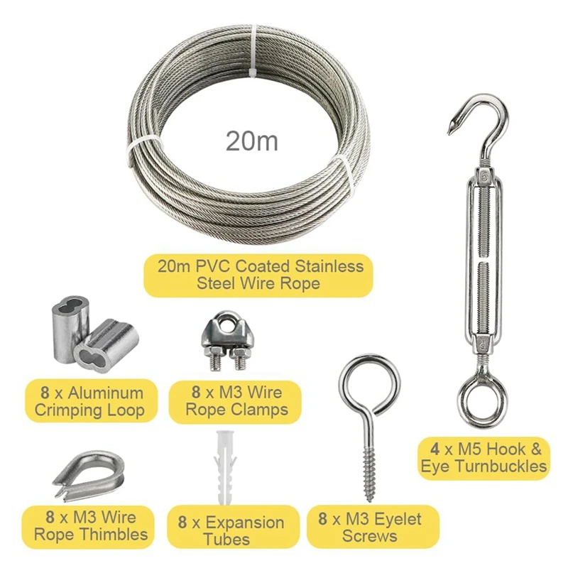 20M Stainless Steel Kit, 3MM Sorting Helps Tighten Rope Wear With M5 Stainless Steel Rope Clamp R Durable Easy To Use