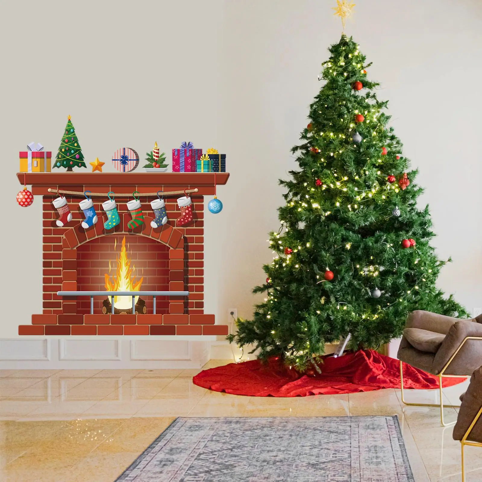 Christmas Fireplace Sticker Peel and Stick Removable Large Size Window Decal for