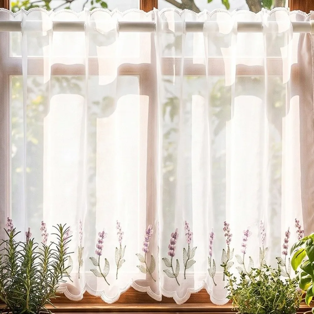 Lavender Pattern Floral Pattern Lace Curtains Embroidered Floral Light Blocking Short Curtains Cottage Style Dust-Proof