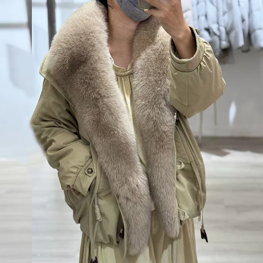 Women's Winter Down Jacket With Shawl Collar Short Real Fox Fur Puffer Jacket Genuine Fox Fur Coat Fashion Furry Jacket