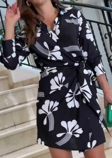 Mini Skirt Women's 2023 New Hot Selling Fashion Leaf Print Loose Sleeve Home Short Dress