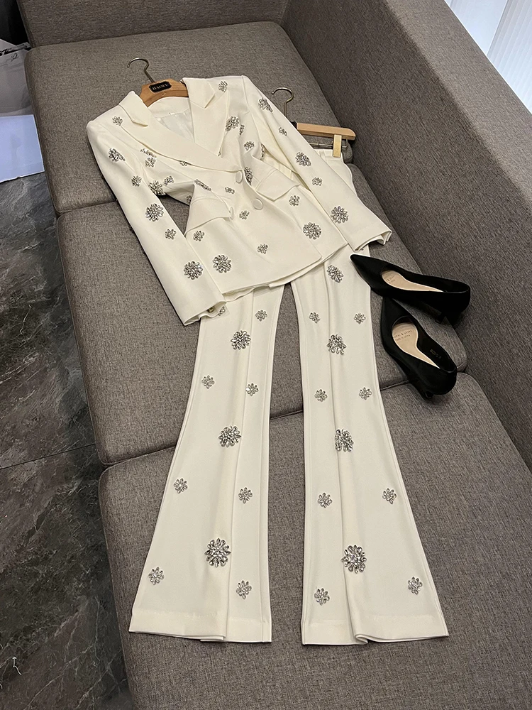 

Faionable Heavy-Du, инкрустированный бриллиантами костюм из джата и расклешенных брюк, женский комплект из двух предметов премиум-класса JF-2025