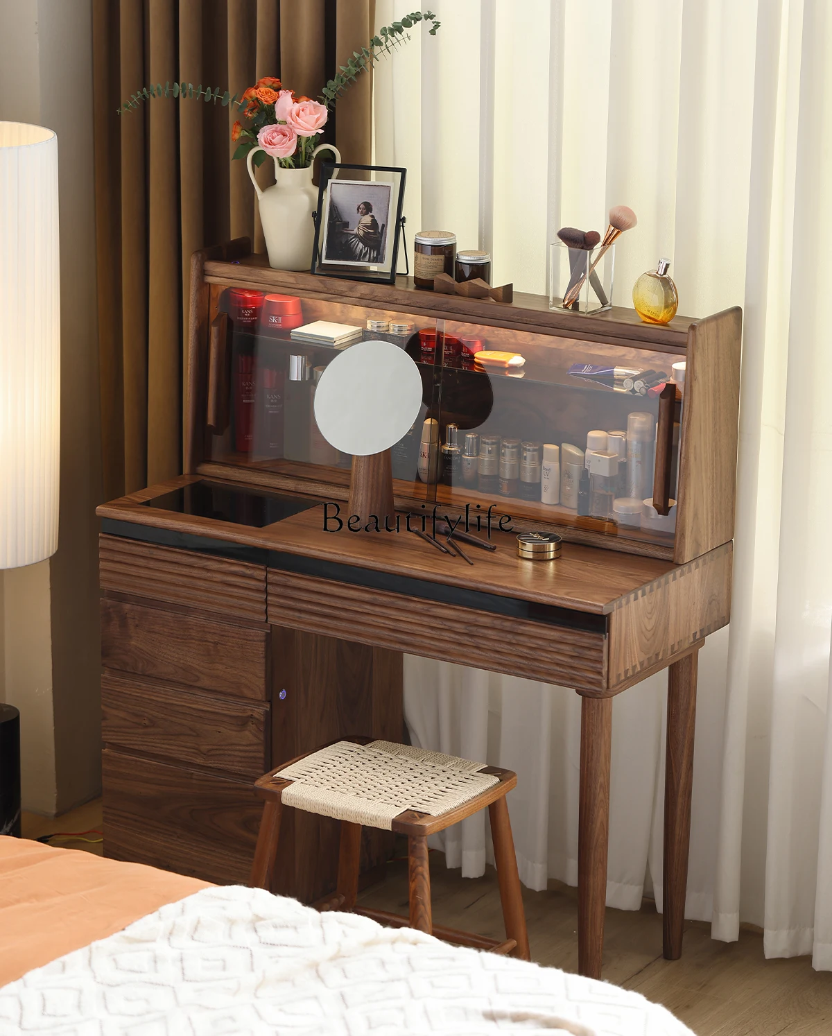 

North American Black Walnut Dresser Bedroom Modern Simple Makeup Cabinet Japanese Style with Light