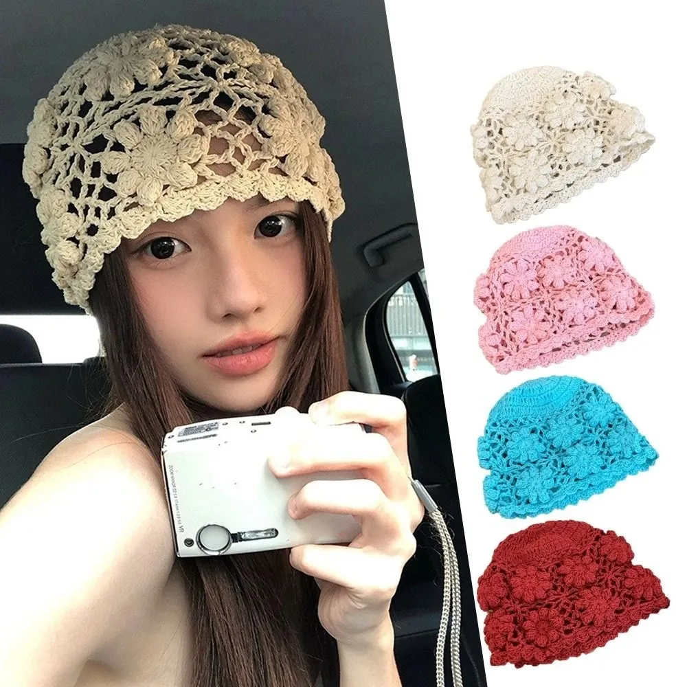 Cute Handmade Crochet Flower Hat Hollow Y2k Knit Basin Caps Women Weave Beanies Cap Streetwear