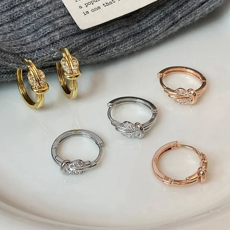 حقيقي 925 فضة 18K الذهب الزركون الملتوية عقدة هوب القرط للنساء الحد الأدنى العصرية غرامة مجوهرات اكسسوارات #2