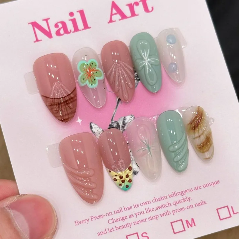 Handmade Medium Almond Press On Nails Pink Mint Green 3D Relief Flower Fake Nails Shell Marble Sweet Summer Reusable Wearable Fa