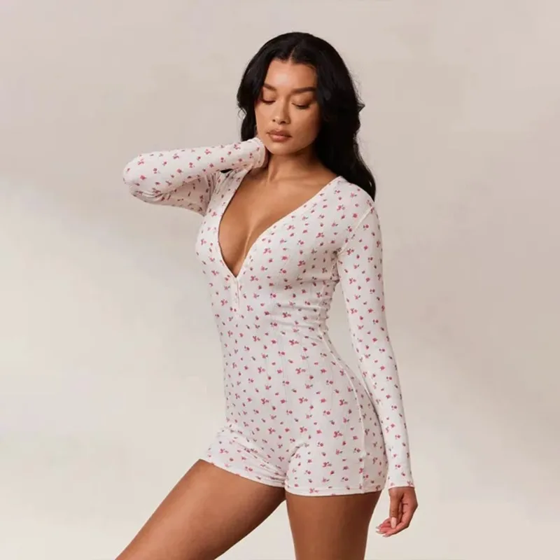 

American Vintage Fashion Flower Print Jumpsuits New V-neck Long-sleeved Casual Bodysuit Women's Sexy Slim-fit One-piece Clothing