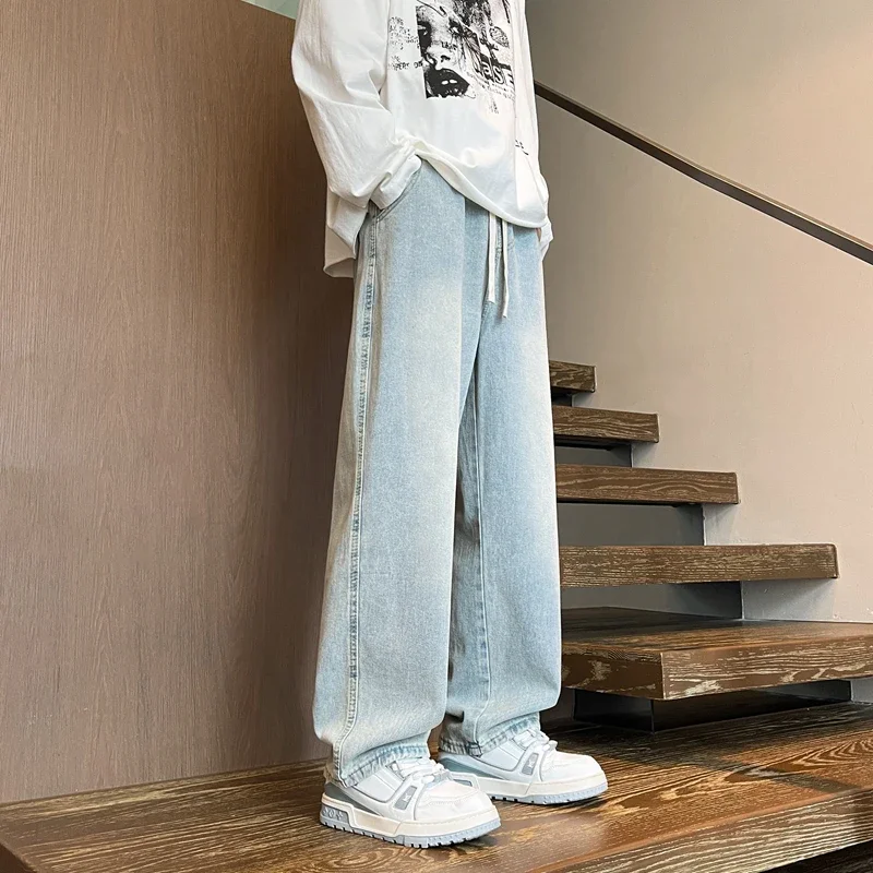 Men Jeans Trendy Straight Leg Denim Pants Classic Blue Hip Hop Street Trousers Harajuku Male Bottoms