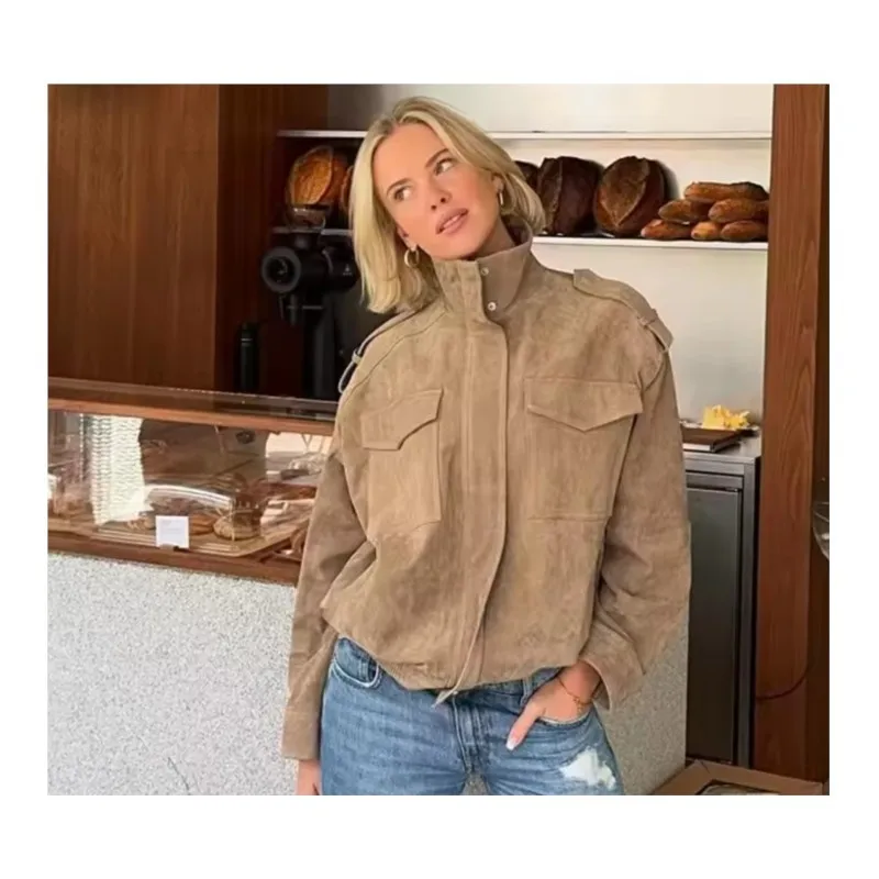 

Женская замшевая кожаная куртка, осенняя куртка с высоким воротником и длинными рукавами с карманом на молнии, женские пальто, повседневные женские шикарные топы