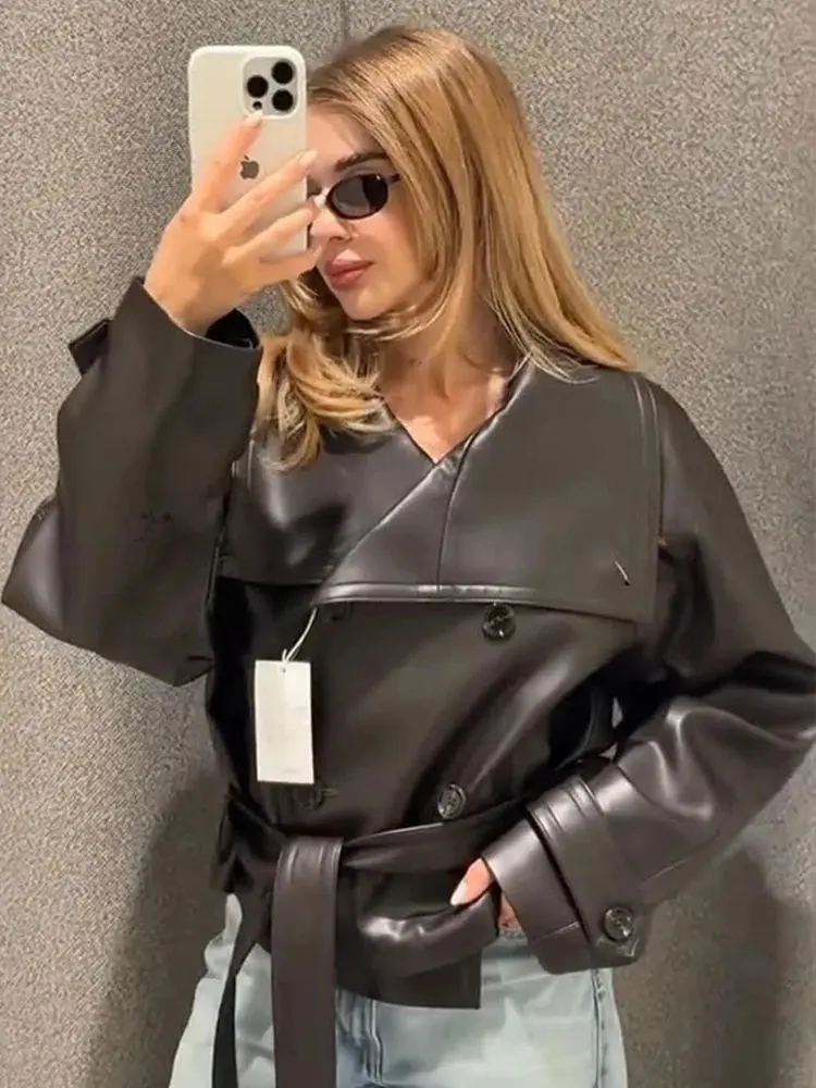 

HH 2025 Autumn Women's Asymmetric Retro Leather Jacket Double-breasted Lace-up Solid Lapel Coat Street Fashion Short Windbreaker