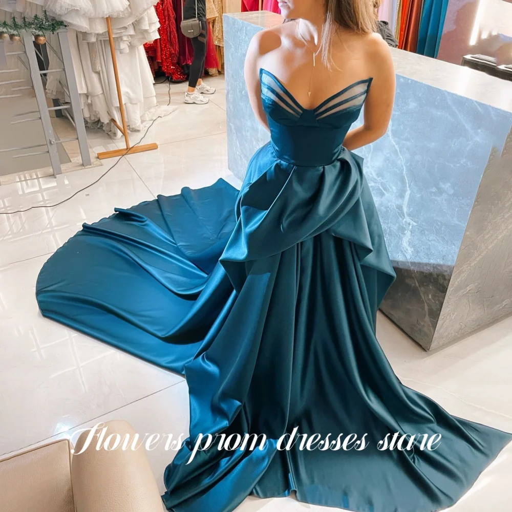 

Flowers Turquoise Party Gowns Ruffled A-Line Prom Dresses Sleeveless Wedding Evening Dresses Satin robes de soirée Customized