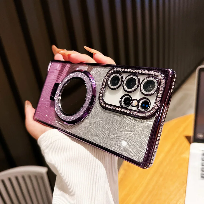 Diamond Mirror Magnetic Stand Case For Samsung Galaxy S25 S24 S22 S22 Ultra S 25 Plus S25 Edge S24 FE Glitter Shockproof Cover