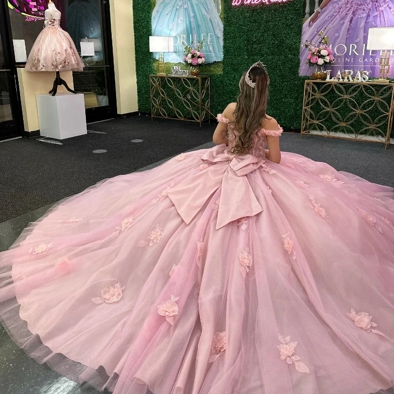 ثوب كرة Quinceanera لامع وردي ، مصنوع يدويًا ، مزخرف بالزهور ، كشكشة مطرزة ، مشد القوس ، حلو 16 ، 15 سنة