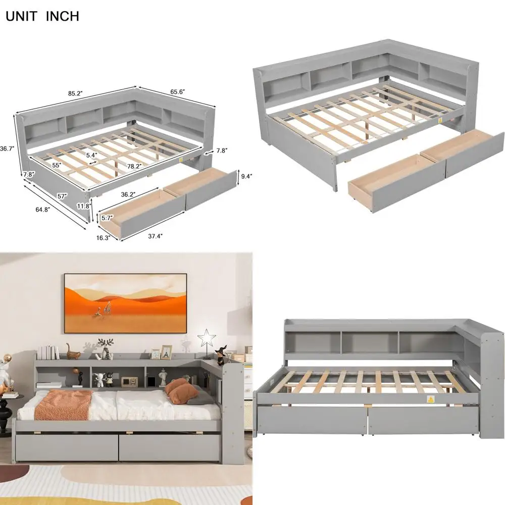 

Gray L-Shape Wood Daybed with Storage Drawers and Bookcase for Kids, Teens, and Adults