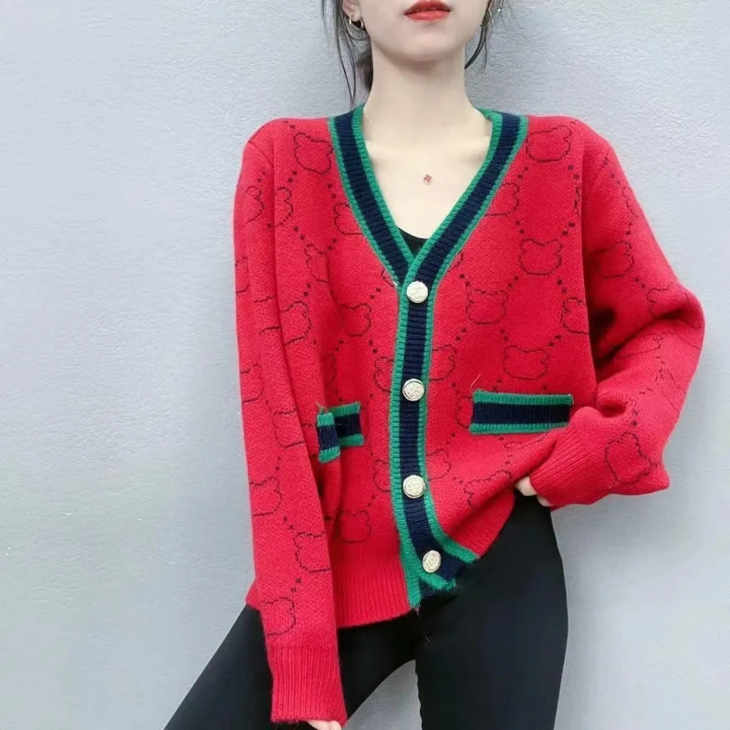 Vintage Knitting V Neck Cardigan Autumn Winter New Long Sleeve Button All-match Contrast Sweaters Casual Fashion Women Clothing