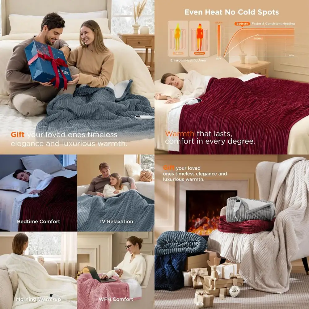 

Twin Size Soft Ribbed Flannel Electric Blanket with 10 Timer Options, 6 Heat Levels, and 8-Hour Auto-Off Feature - Ideal Gift fo
