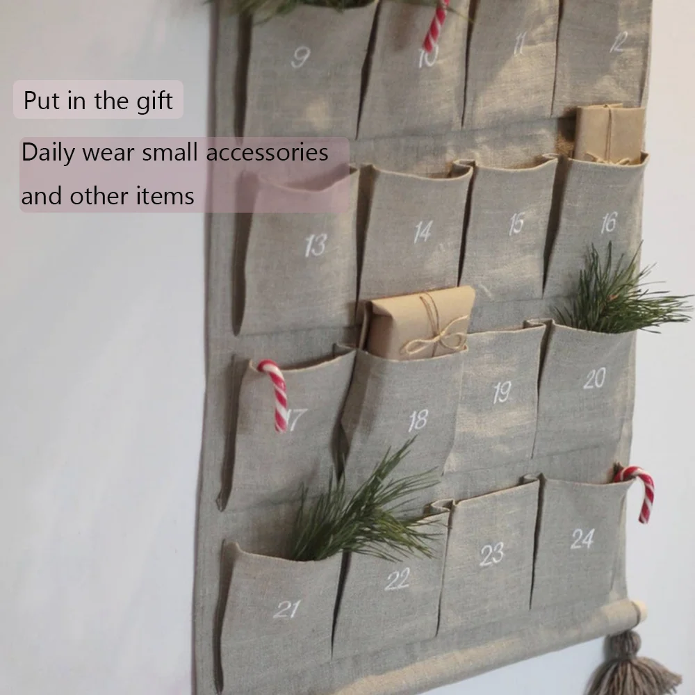 Рождественский орнамент на заказ, многоразовый тканевый адвент-календарь, настенный подвесной с 24 карманами для детей, семейный рождественский декор обратного отсчета