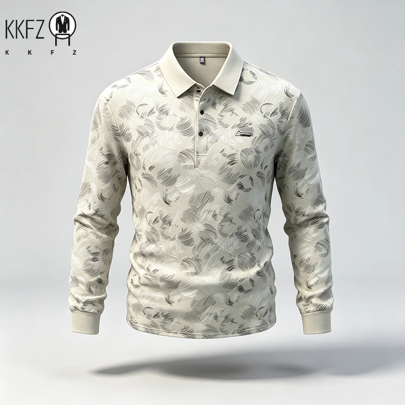 Mens Turn Collar Polo Long Sleeve Tops Premium Printed Material Button Closure Small Logo Decoration Male Clothing