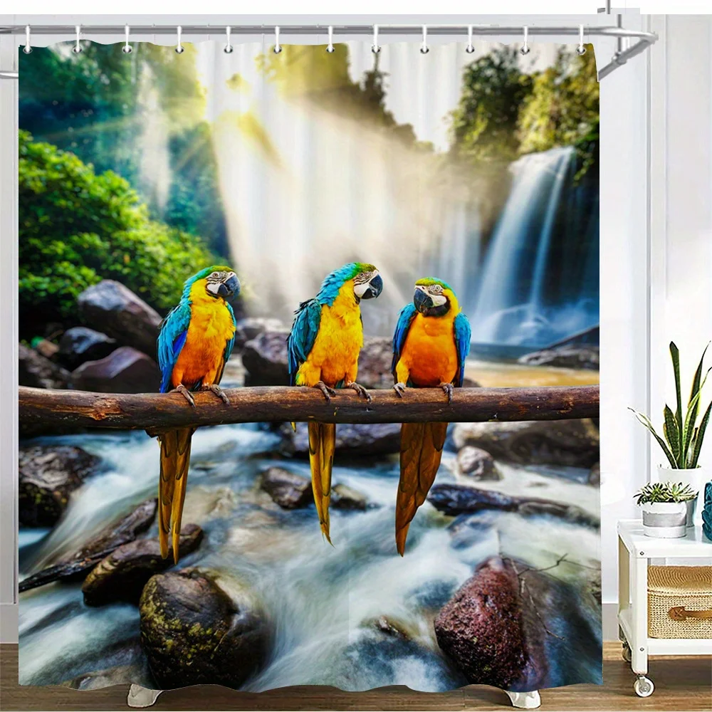 Three Blue‑and‑Yellow Macaw Parrots On Wooden Branch Tropical Rainforest Waterfall Stream Scenery Flannel 