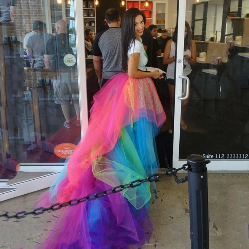 

Colorful Design Skirt Woman Ruffle jupe femme Long Women Skirts Party Soft Tulle Maxi Skirts with Train Elastic Waistband