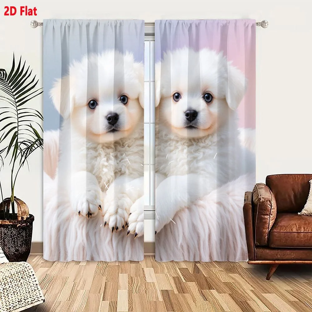 2Pcs Curtains 2D Flat Two Fluffy White Puppies With Light Brown Cheeks Ears Curly Fur Blue Eyes Black Noses Sitting On Light Pin