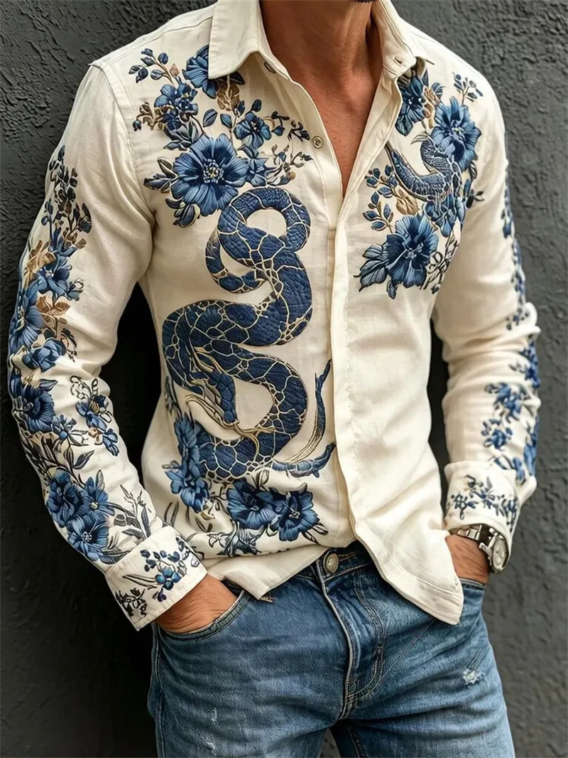 New Spirit Snake Peony Blue Flower Style Printed Long Sleeve Shirt with Collar for Men's Street Vacation Zen Top