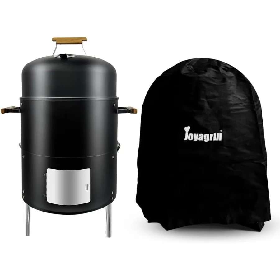 Parrilla ahumadora de alta resistencia 17,5, cubierta para barbacoa, estante con 4 ganchos, manijas de madera, diseño de una sola puerta, barbacoa de humo de carbón de gran capacidad XL