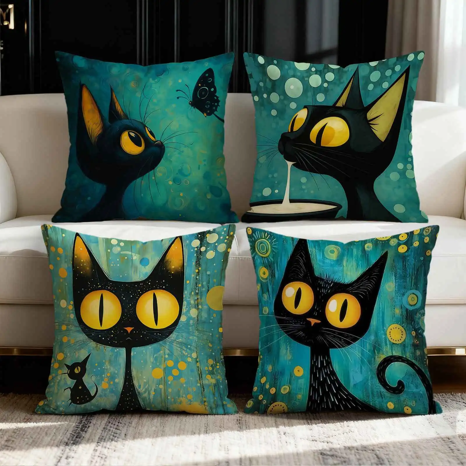 

Green black cat pattern digital printing pillow cover Short plush Suitable living rooms bedrooms sofas throw cushion cover