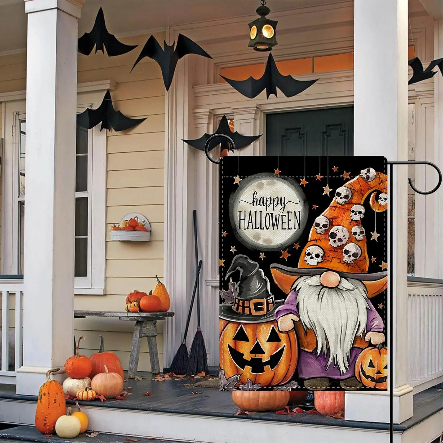Dyrenson Happy Halloween Gnome Decorative Garden Flag, Funny Jack O Lantern Pumpkin Skull Yard Outside Home Decoration, Moon UUN