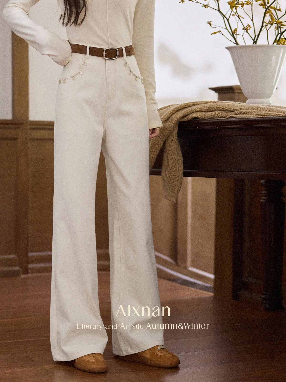 ALXNAN Women Pants Loose Wide Leg Straight Trousers Cotton 100% Casual Elegant Beige High Waist Comfy Chic Baggy Pants L56962