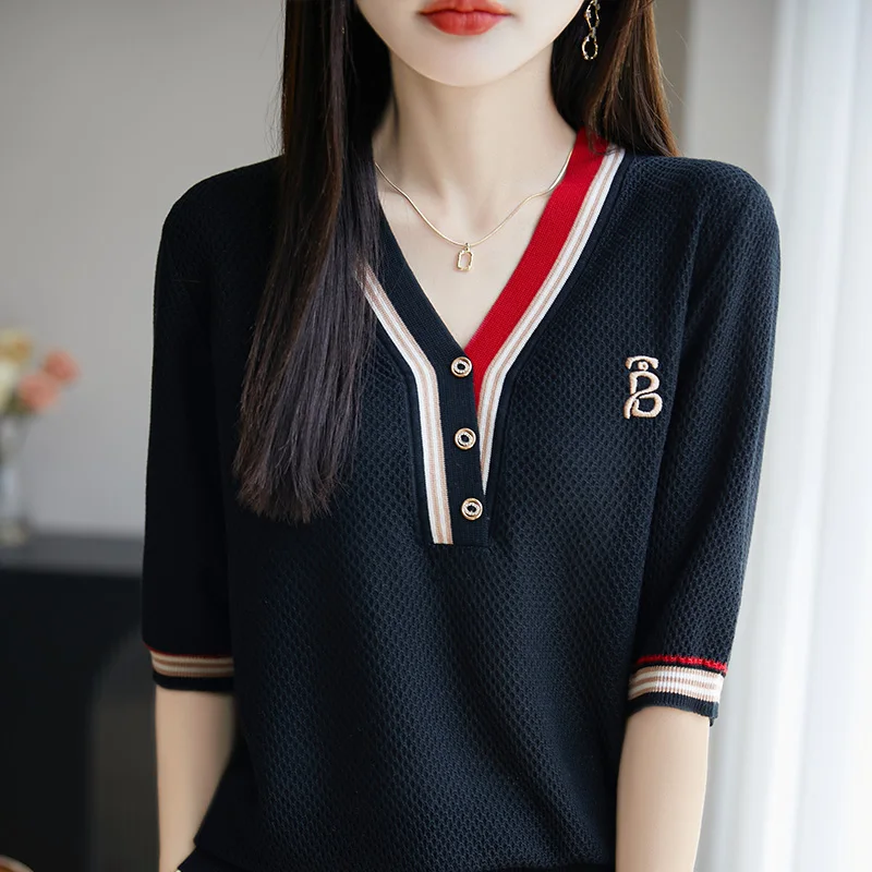 Summer New Fashion Short Sleeve Joker Color Matching Age-Reducing British Top Joker T-shirt
