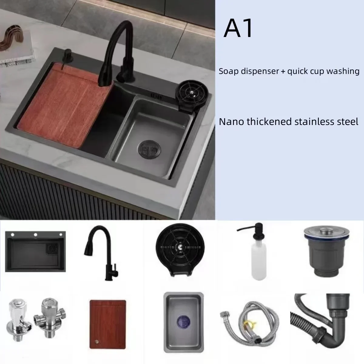 Kitchen Sinks Stainless Steel Single Bowl Large Capacity with Cup Washer  Top Mount Sink with Pulling Faucet for Kitchen