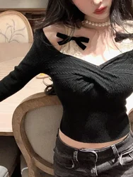 Spring Knitted Sweater Women Bow Fake Two Pieces Long Sleeve Slim Pullovers Black Chic Gothic Korean 2000s Vintage Y2k Clothing