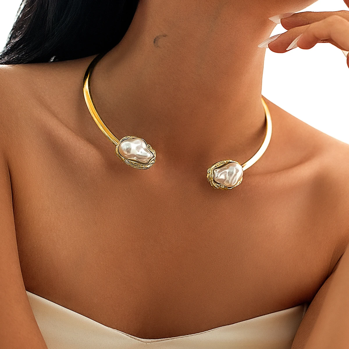 Ingemark Punk Smooth Open Torques Chain Necklace for Women Vintage Baroque Imitation Pearl Choker Grunge Jewelry Steampunk Men