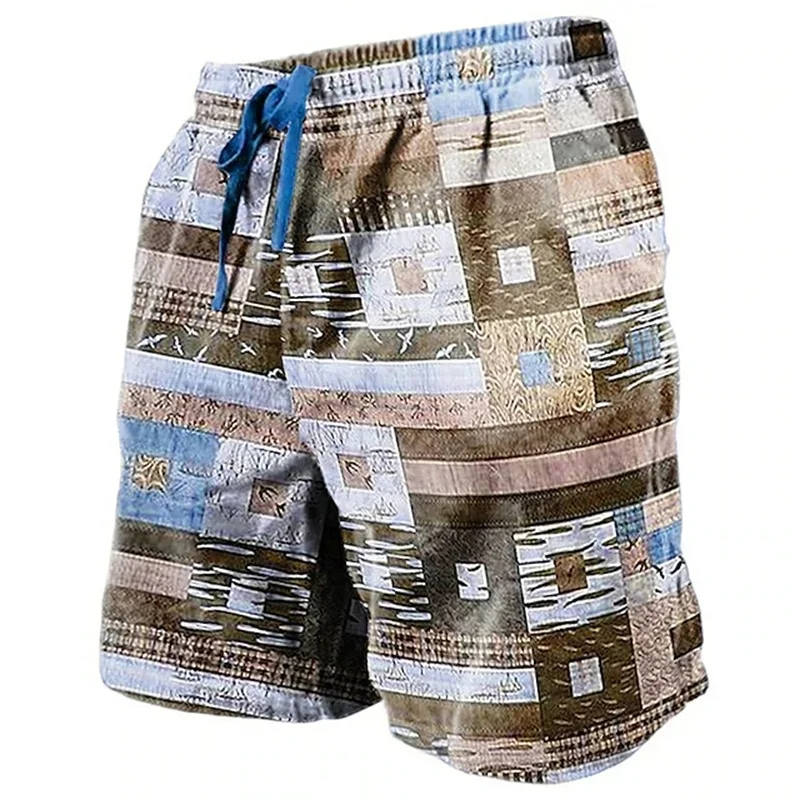 

3D Print Geometric Stripe Short Pants For Men Color Block Pattern Swim Trunks Casual Swim Beach Shorts Sports Surf Board Shorts